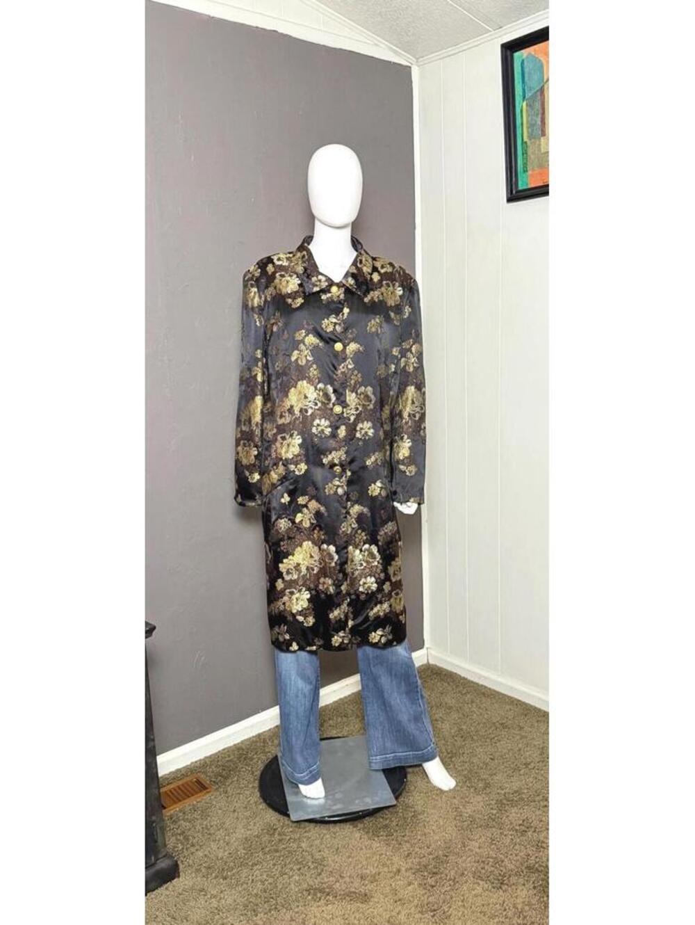 1990's Satin Jacquard Long Jacket size 22 Statement Piece Glam Evening Overcoat